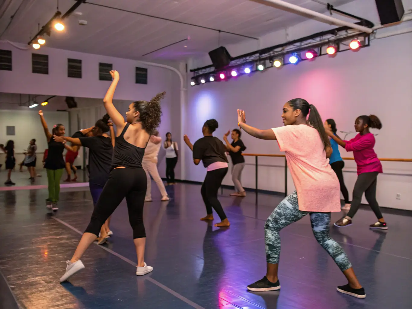 A candid photo of CDS CAEN DANCE SPORTIVE members socializing and laughing together after a dance class, showcasing the strong sense of community within the association.