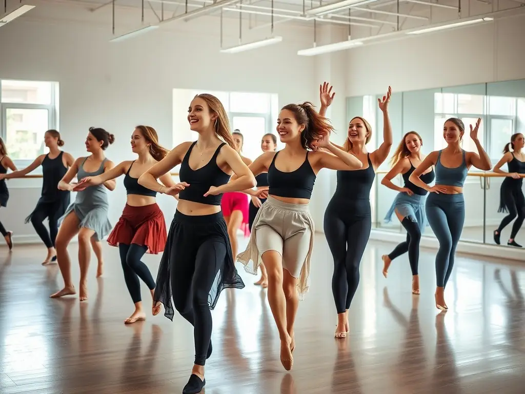 A group of dancers of various ages and backgrounds laughing and stretching together before a dance class, emphasizing the inclusive and welcoming atmosphere of CDS CAEN DANCE SPORTIVE.