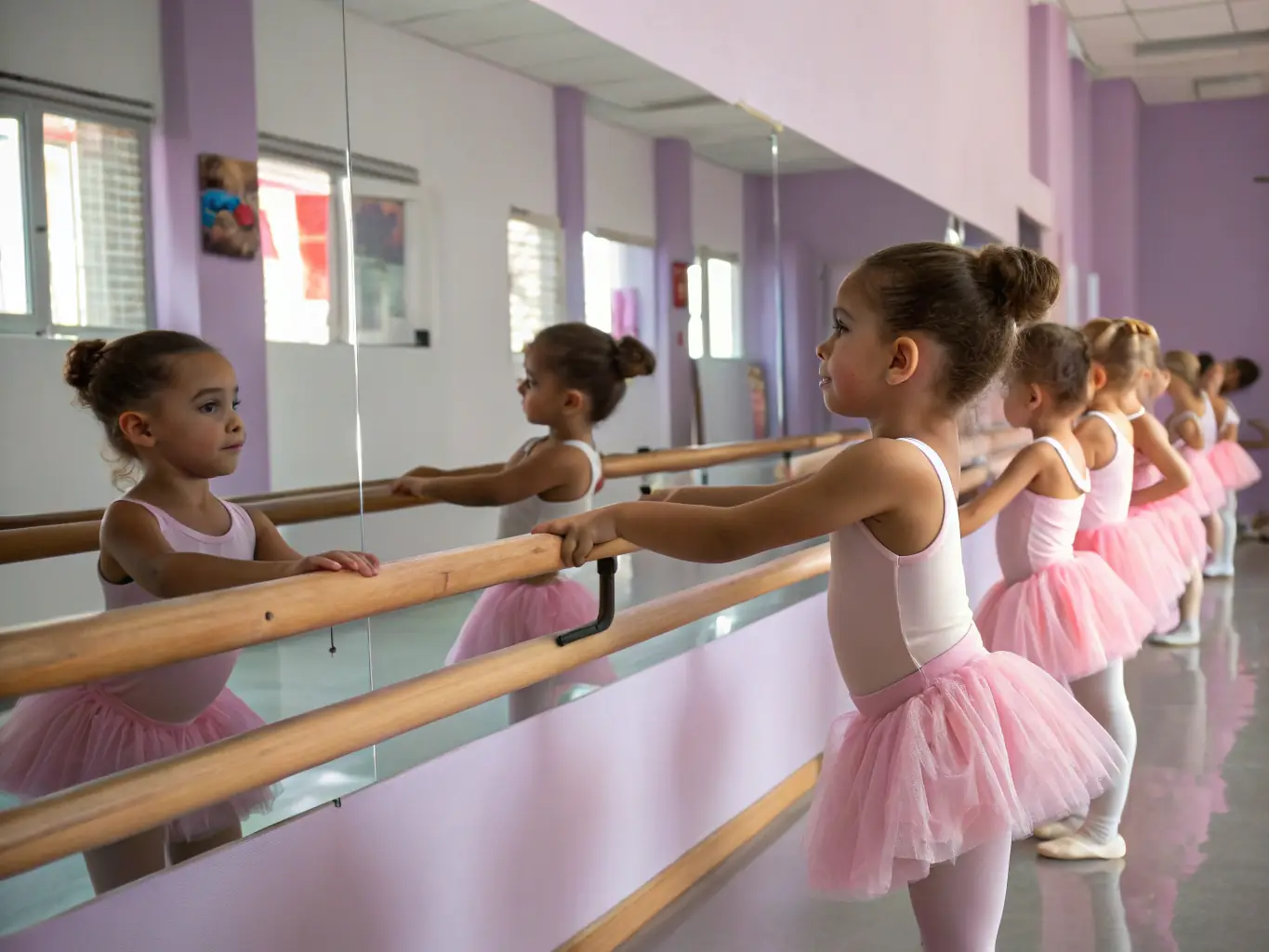 A vibrant image of a beginner's ballet class with young children, showcasing the joy and foundational skills being taught.