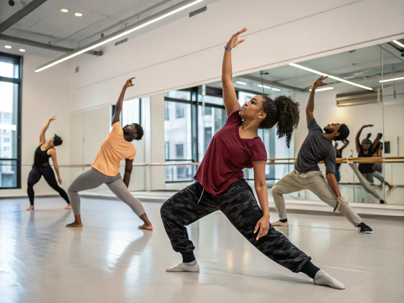 A dynamic image of a group of dancers in a contemporary dance workshop, showcasing fluid movements and creative expression.