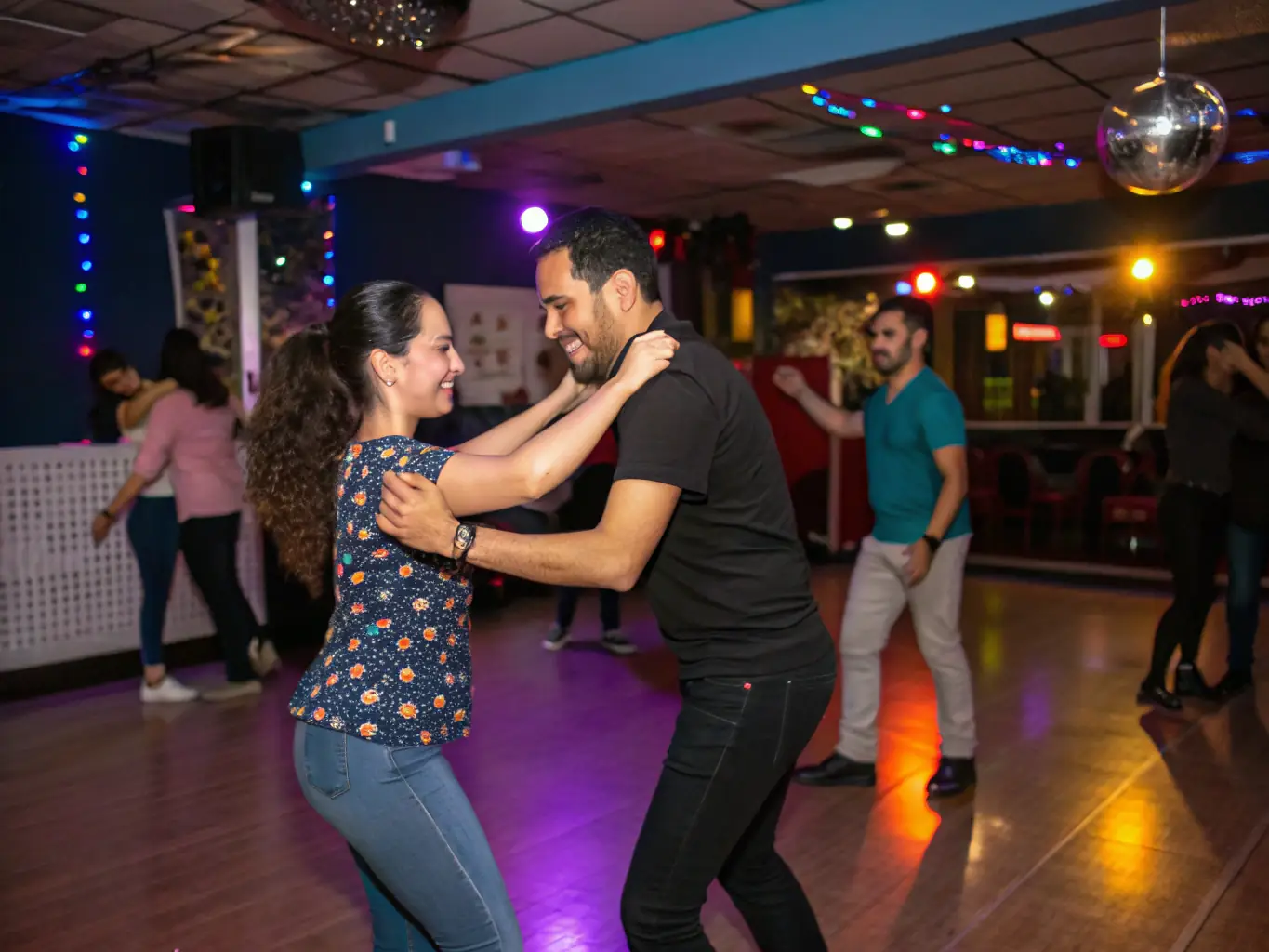 An energetic image of a Latin dance class, with couples enjoying the rhythm and social interaction of salsa and other Latin styles.