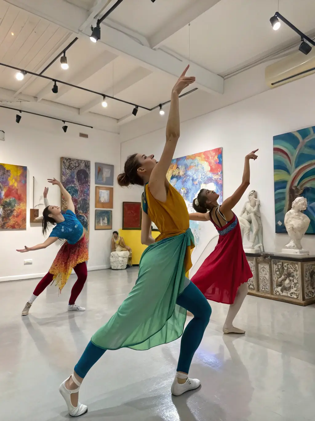 A dynamic photo of dancers participating in a contemporary dance workshop, emphasizing the fluidity and expressive movements, reflecting the artistic expression promoted by CDS CAEN DANCE SPORTIVE.