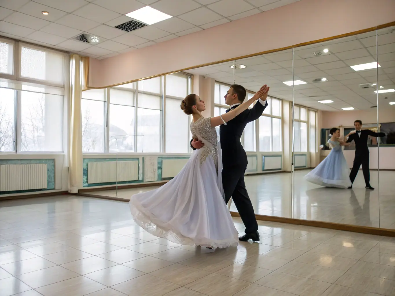 An elegant image of a couple gracefully performing ballroom dance, highlighting the beauty and partnership of the dance style.